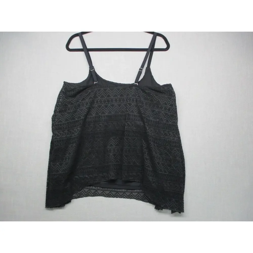 Black Patterned‎ Lace Sheer BOHO Asymmetrical Layered Swim Top Womens Size XXL